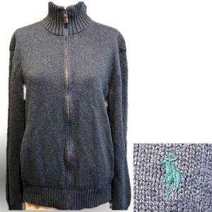 Ralph Lauren Polo charcoal gray knit sweater zip cardigan funnel neck preppy 90s